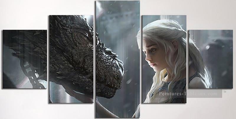 Dragon Daenerys Targaryen 5 panneaux Le Trône de fer Peintures à l'huile